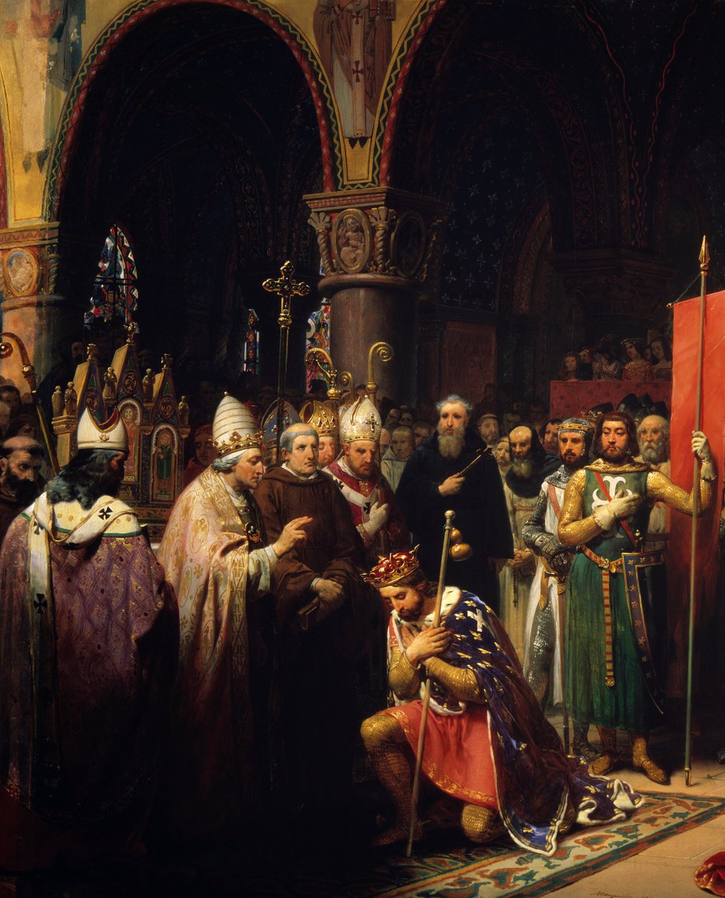 Kong Louis VII (1120-1180) tar oriflamen ved basilikaen Saint Denis (Saint Denis) i nærvær av dronning Alienor av Aquitaine og mottar humla og pannetiere av pelerin fra hendene til pave Eugene III (? -1153) før hans avgang av Jean Baptiste Mauzaisse