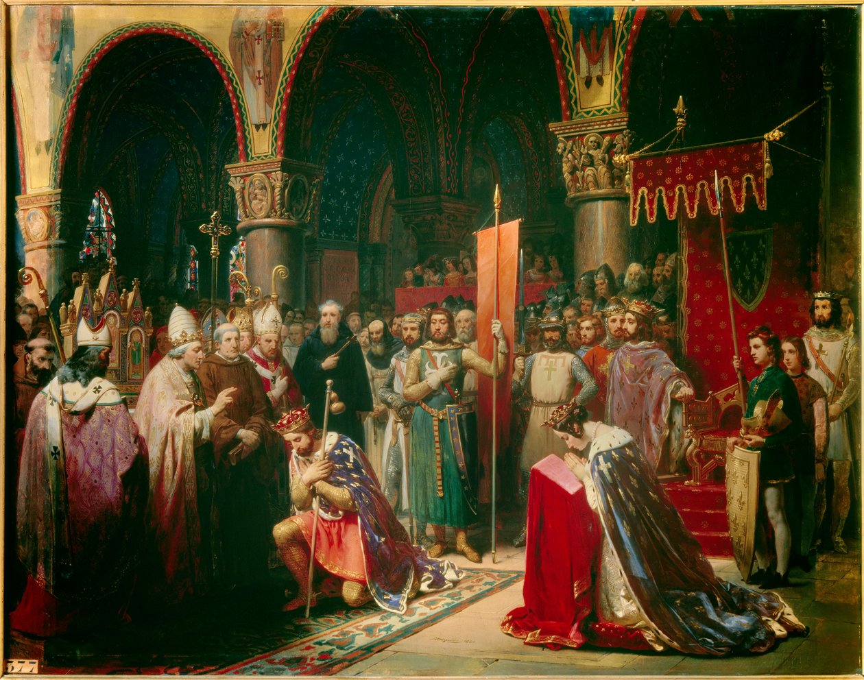Kong Louis VII (1120-1180) tar oriflamen ved basilikaen Saint Denis (Saint Denis) i nærvær av dronning Alienor av Aquitaine og mottar humla og pannetiere av pelerin fra hendene til pave Eugene III (? -1153) før hans avgang av Jean Baptiste Mauzaisse