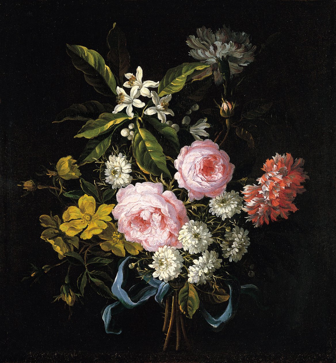 Bukett med kamille, roser, appelsinblomst og nelliker bundet med et blått bånd av Jean Baptiste Monnoyer