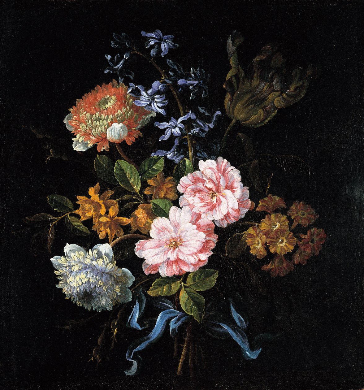 Bukett med valmueanemoner, roser, dobbel campernelle, en hyasint, en tulipan og auricula bundet med en b av Jean Baptiste Monnoyer