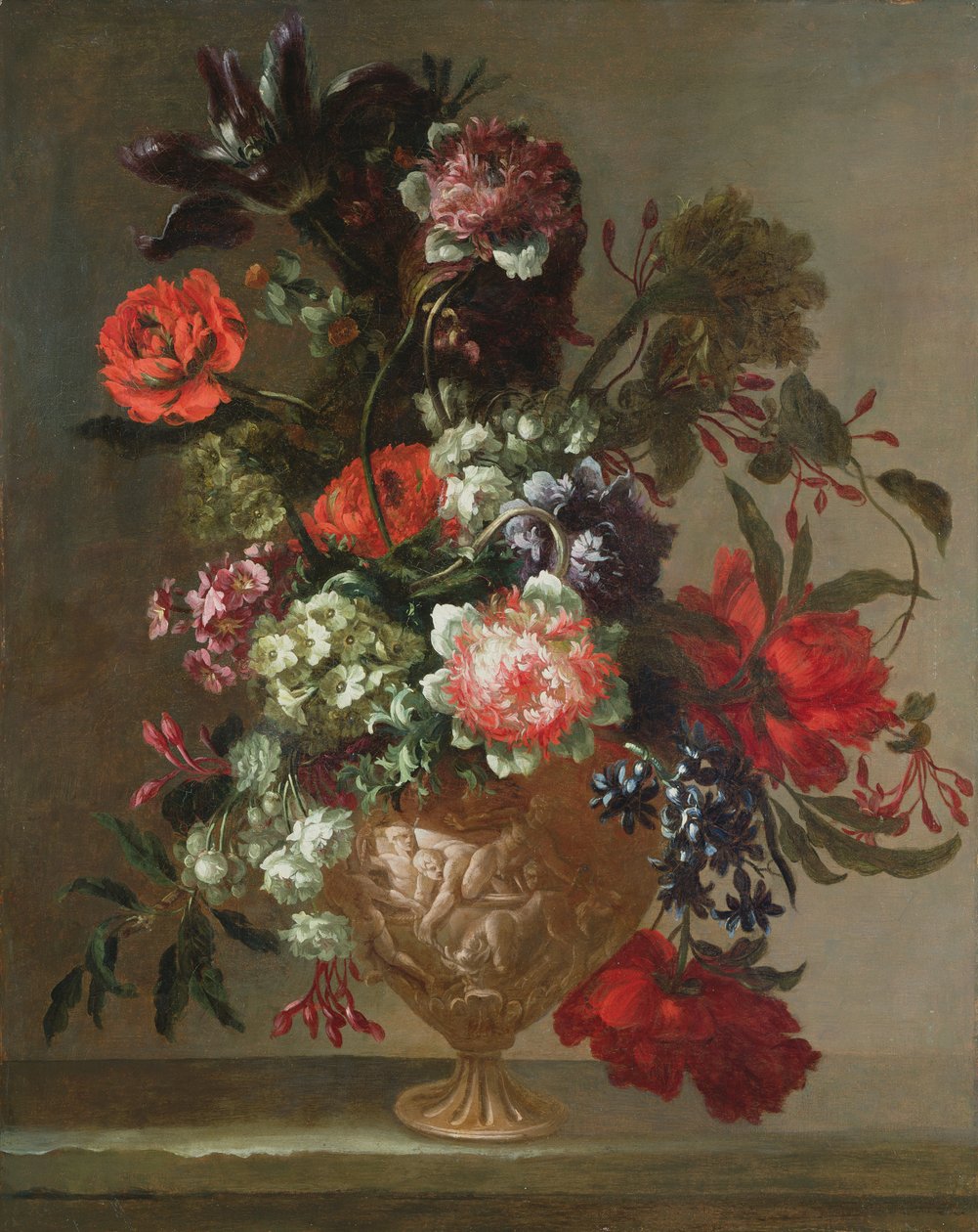 Stilleben av blomster i en skulpturert vase av Jean Baptiste Monnoyer