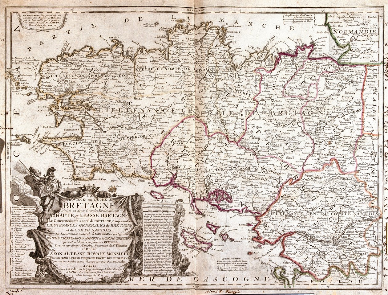 Kart over Bretagne (Frankrike) av Jean Baptiste Nolin