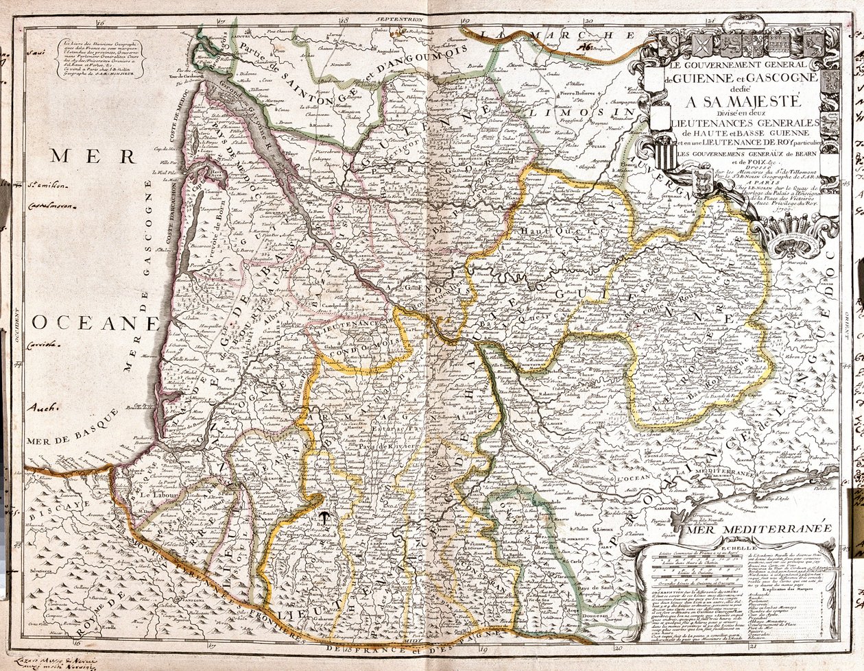 Kart over Guyenne og Gascogne (Sørvest i Frankrike) (Gravering av Jean Baptiste Nolin
