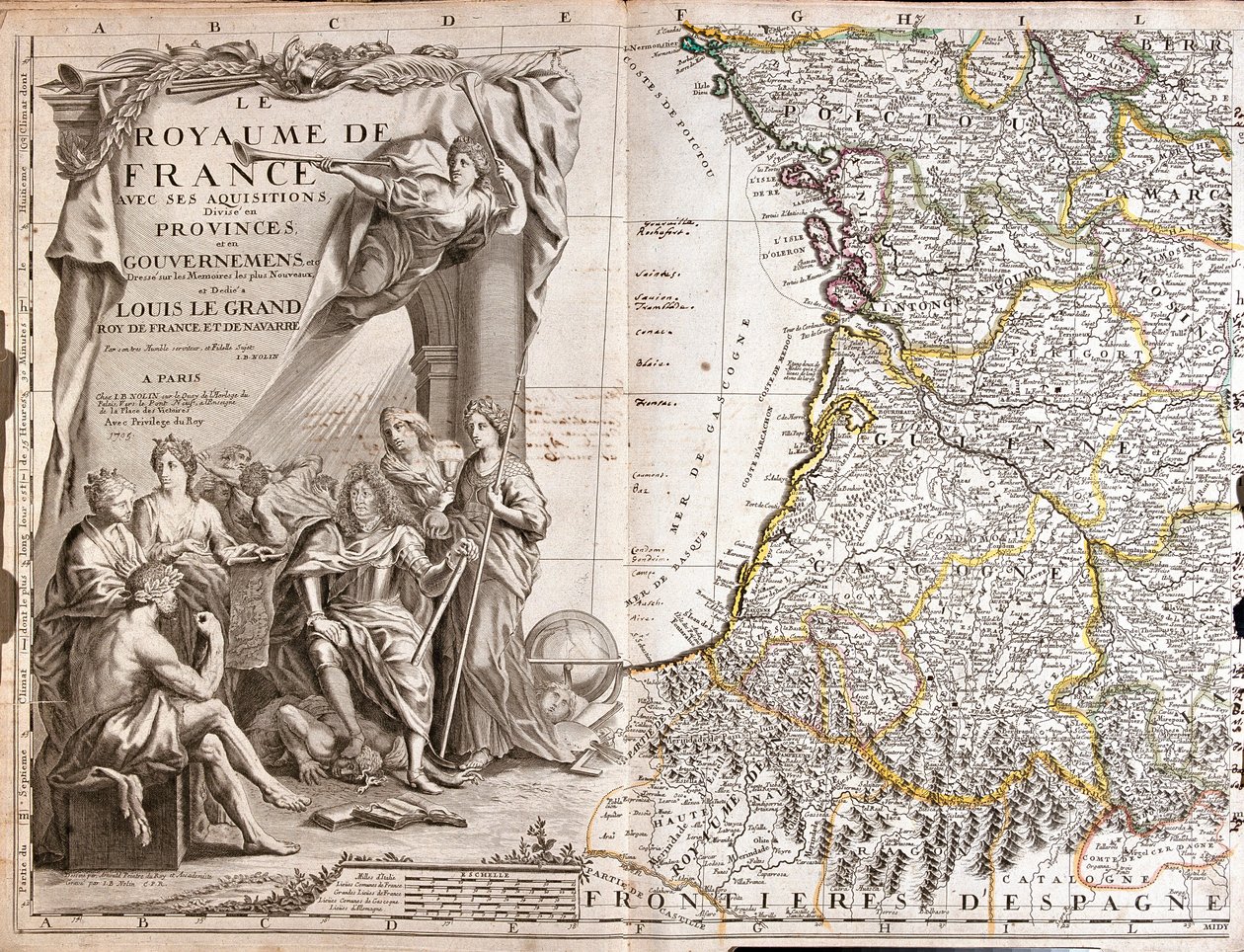 Kart over Guyenne og Gascogne, med et portrett av Ludvig XIV (1638-1715) omgitt av allegoriske karakterer av Jean Baptiste Nolin
