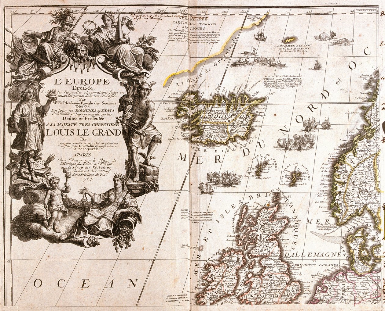 Kart over Island og de nordlige britiske øyer, i Nordsjøen av Jean Baptiste Nolin