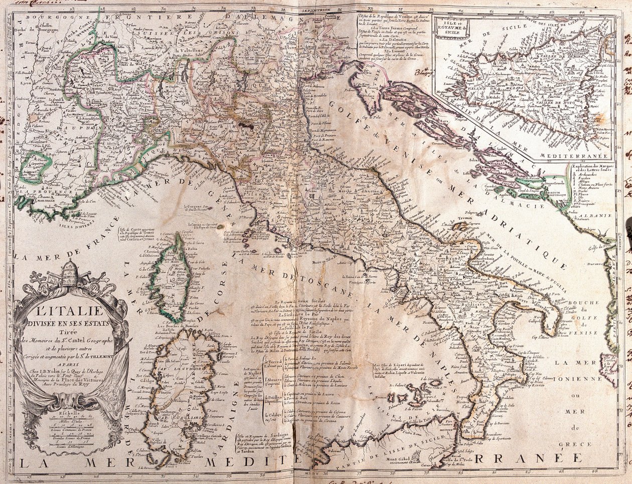Kart over Italia, med Korsika, Sardinia og Sicilia (gravering av Jean Baptiste Nolin