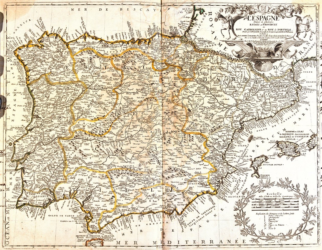 Kart over Spania og Portugal (Gravering av Jean Baptiste Nolin