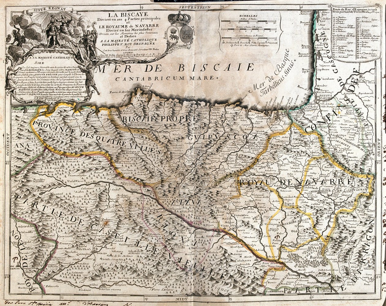 Kart over Biscaya-provinsen (Spania) og kongeriket Navarra (Frankrike) (gravering av Jean Baptiste Nolin