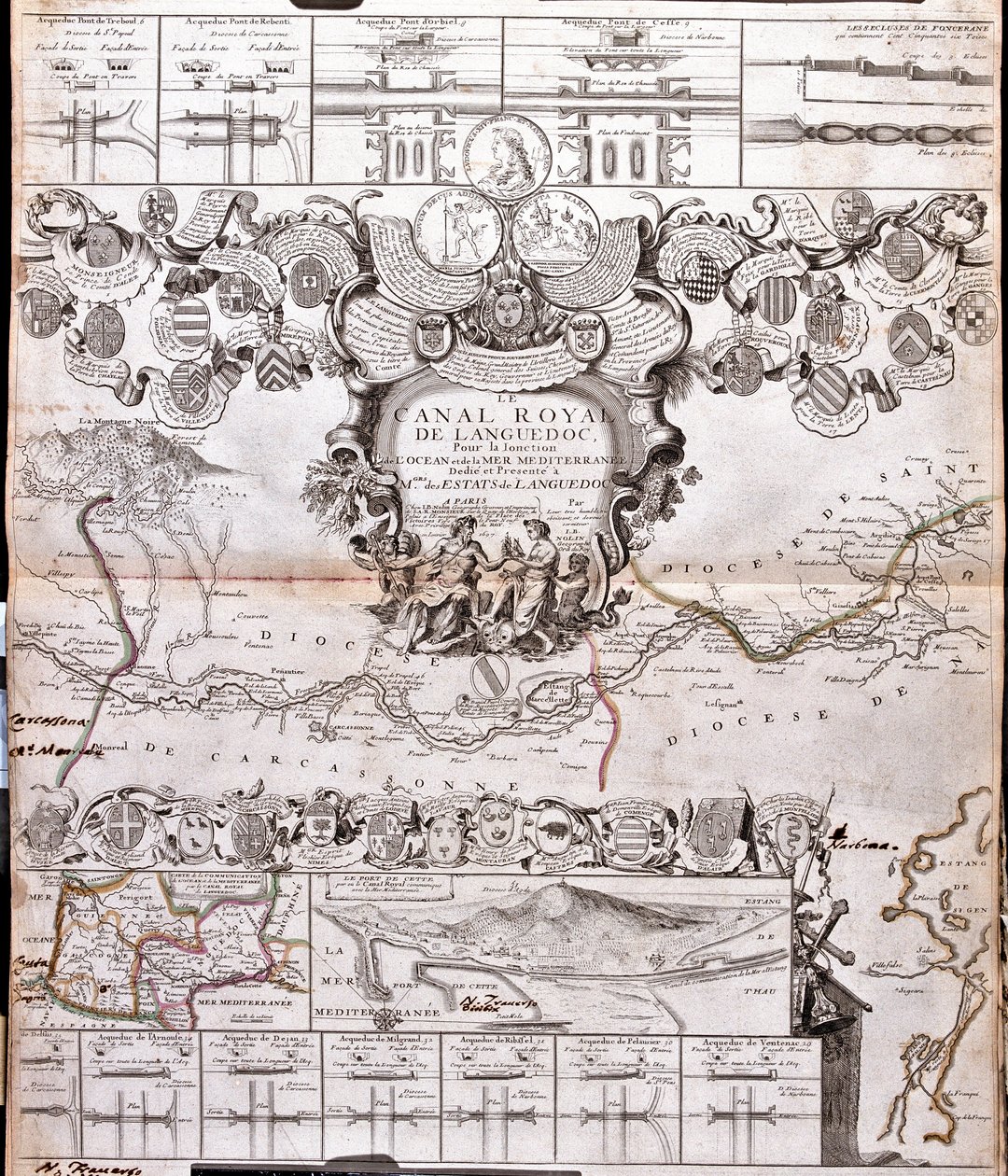 Kart over Canal du Midi, med sine akvedukter (gravering av Jean Baptiste Nolin