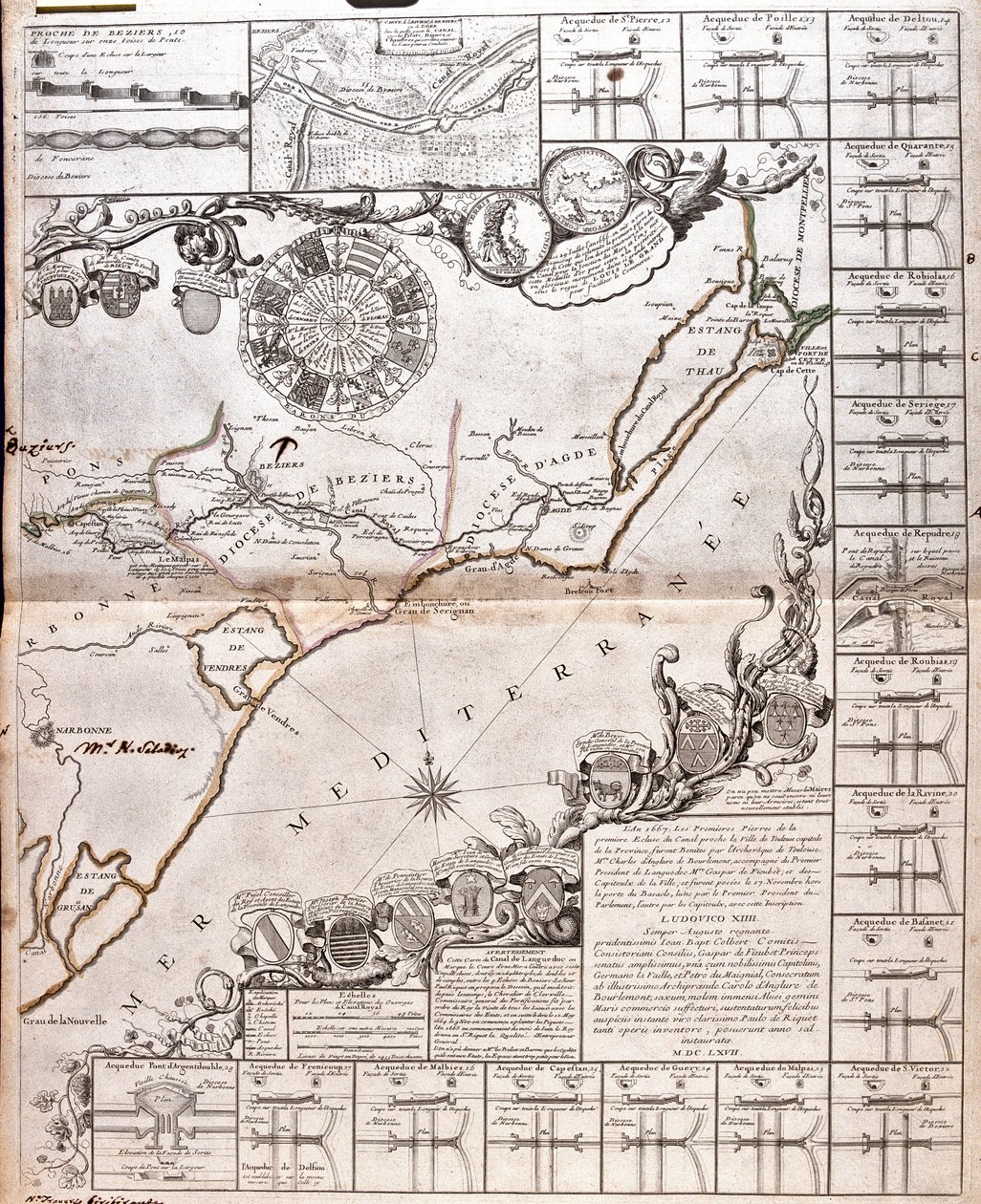 Kart over Canal du Midi, med dens akvedukter (gravering av Jean Baptiste Nolin