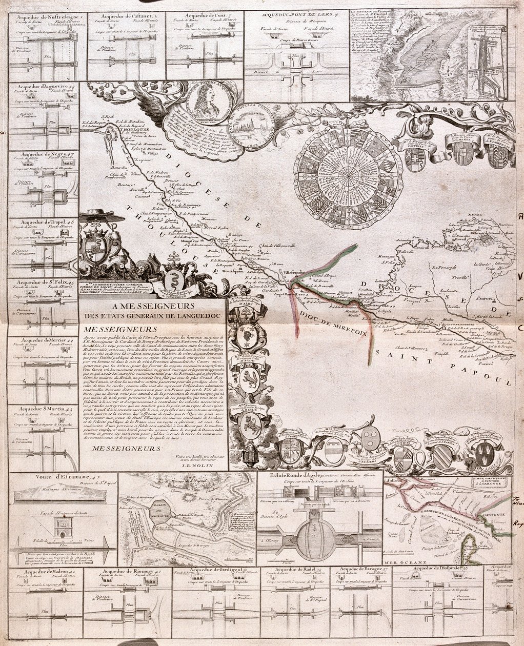 Kart over Canal du Midi, med sine akvedukter (gravering av Jean Baptiste Nolin