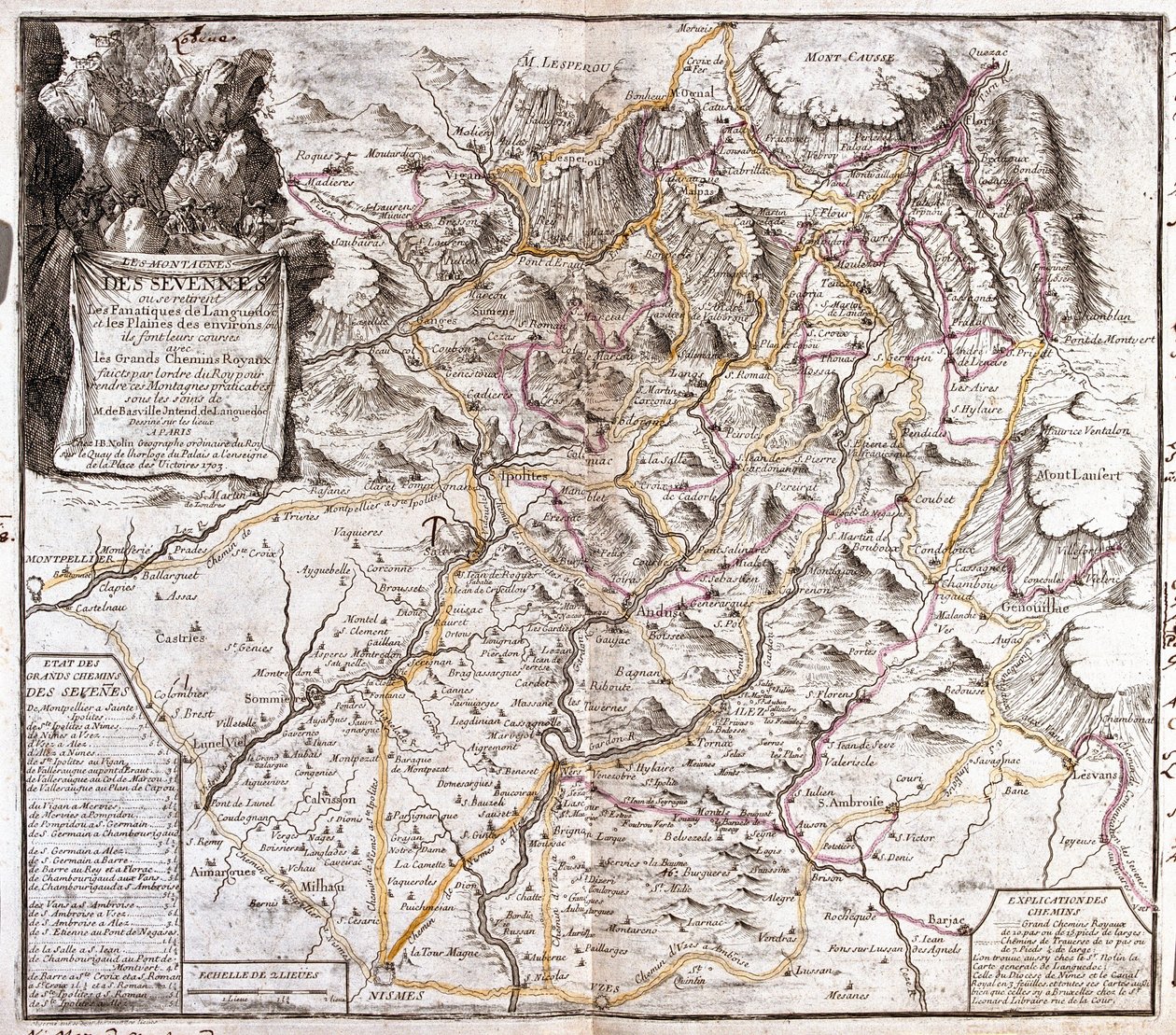 Kart over Cevennes (Frankrike) (Gravering av Jean Baptiste Nolin