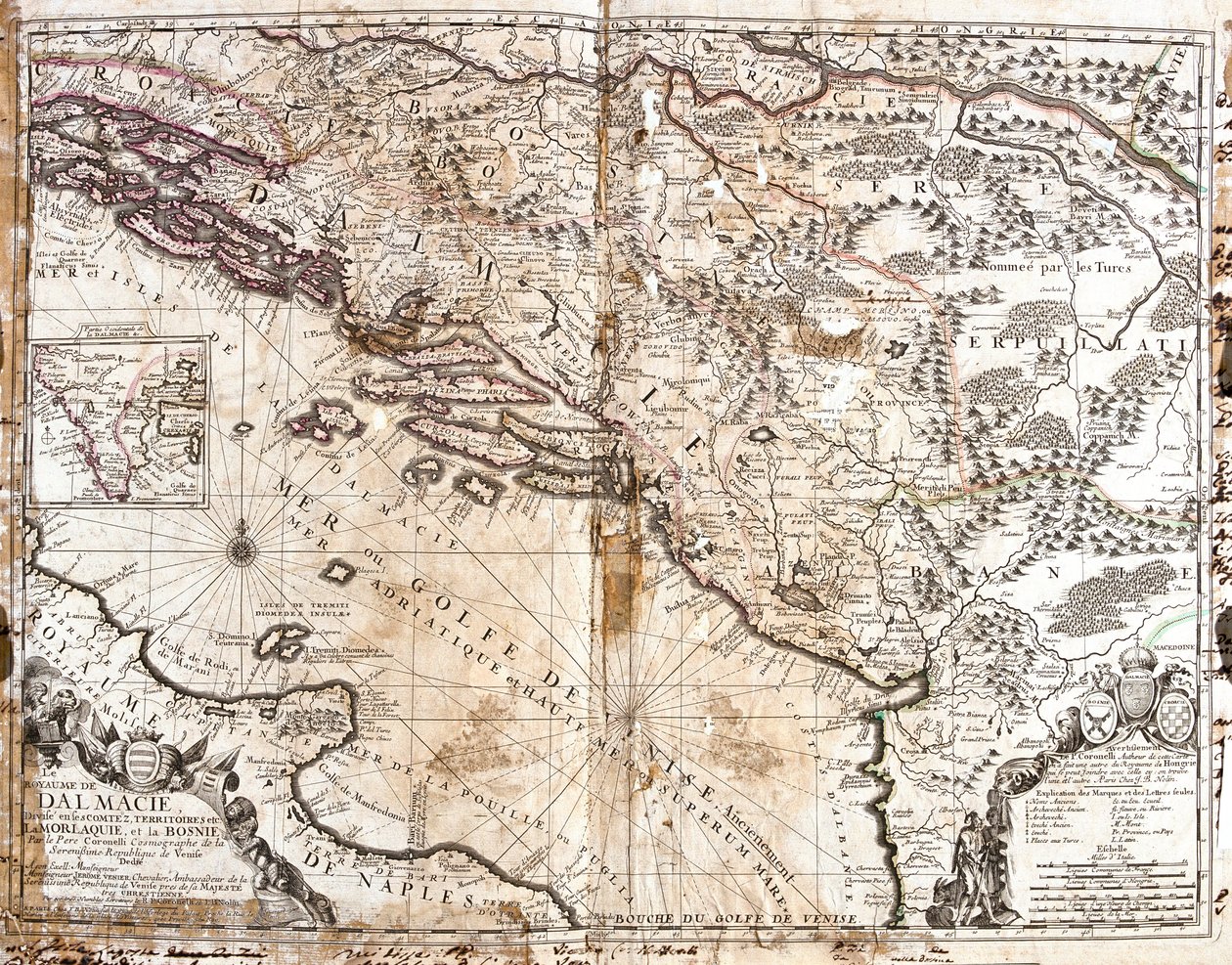 Kart over kongeriket Dalmatia (dagens Kroatia og Montenegro), på kysten av Veneziabukta (Adriatiske hav) (Grassering) av Jean Baptiste Nolin
