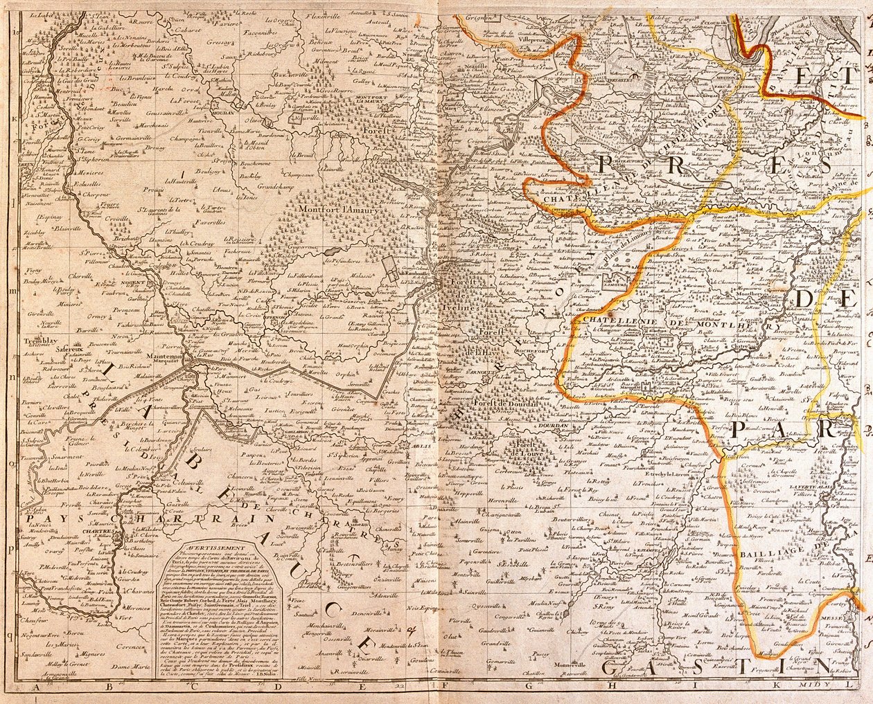 Kart over den sørvestlige delen av Ile de France av Jean Baptiste Nolin