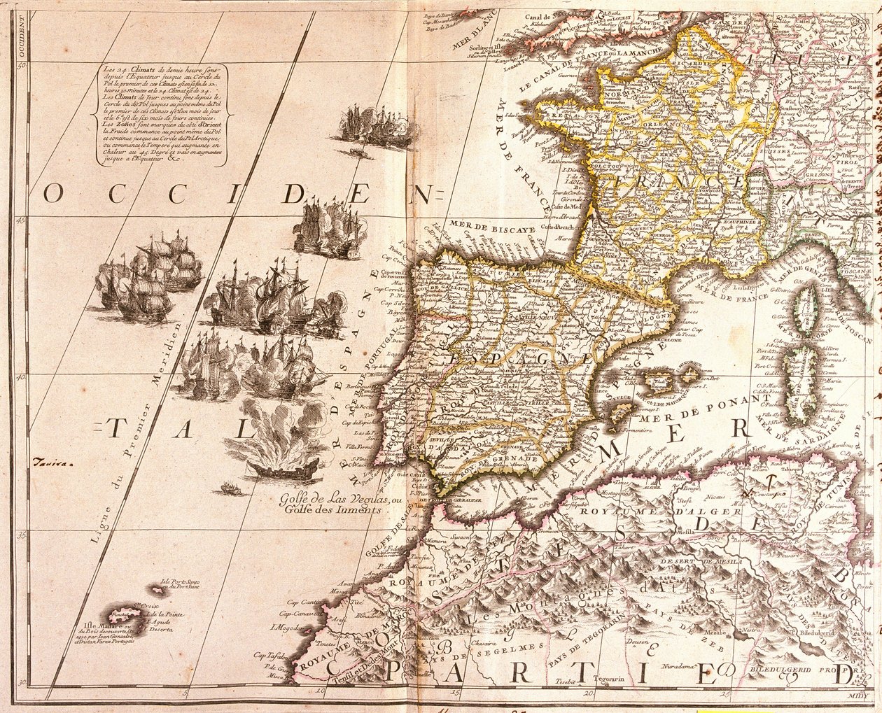 Kart over de vestlige middelhavslandene: Frankrike, Spania, Portugal og Nord-Afrika (Marokko, Algerie, Tunisia), med Balearene, Korsika og Sardinia (radering av Jean Baptiste Nolin