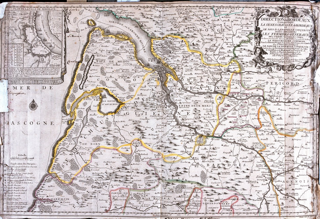 Kart over området rundt Bordeaux (Frankrike) (Gravering av Jean Baptiste Nolin