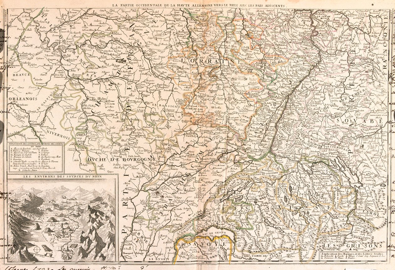 Kart over området rundt Rhinen (Tyskland, Sveits, Frankrike) (Gravering av Jean Baptiste Nolin