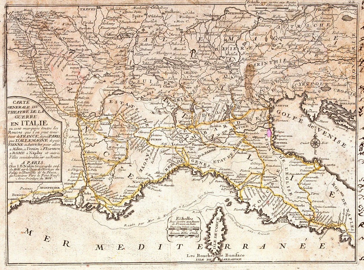Kart over veiene som fører til de viktigste italienske byene fra hele Europa (gravering av Jean Baptiste Nolin