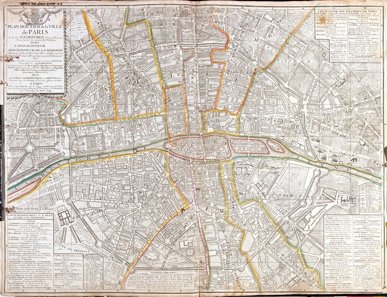 Rutekart over Paris og dets forsteder av Jean Baptiste Nolin