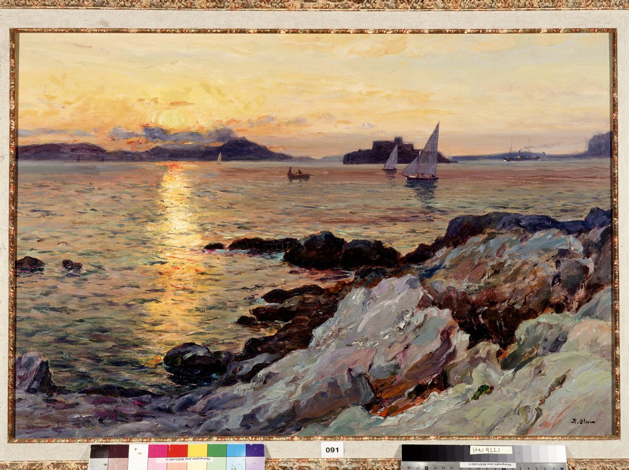 Solnedgang på Frioul-maleri av Jean Baptiste Olive (1848-1936) 20. århundre Dim. 50x73 cm Obligatorisk omtale: Samlingsstiftelsen hilsen Provence, Marseille av Jean Baptiste Olive