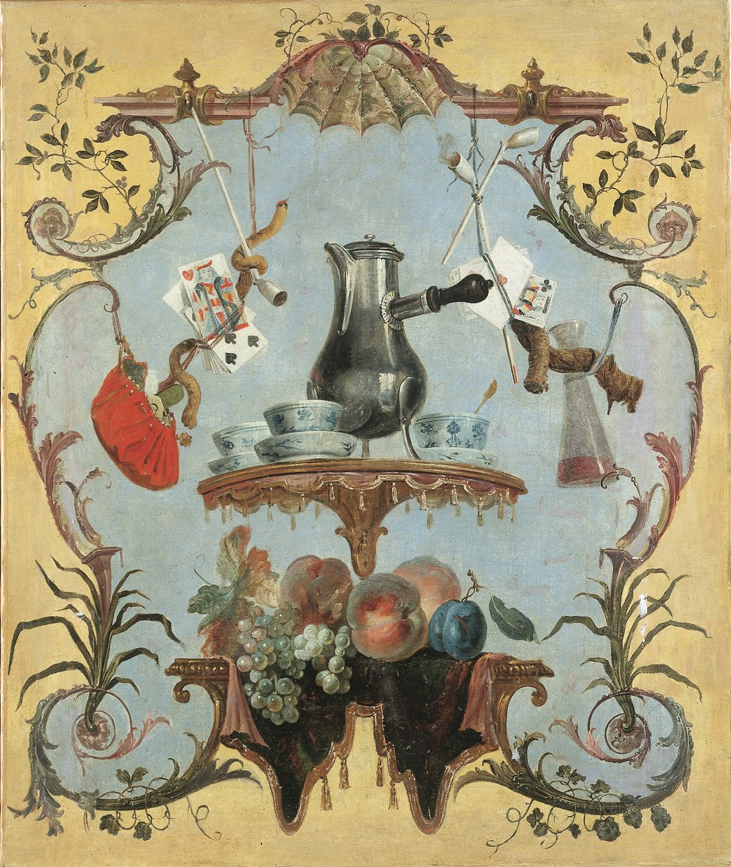 Et stilleben med sølv kaffekanne (olje på lerret) av Jean Baptiste Oudry