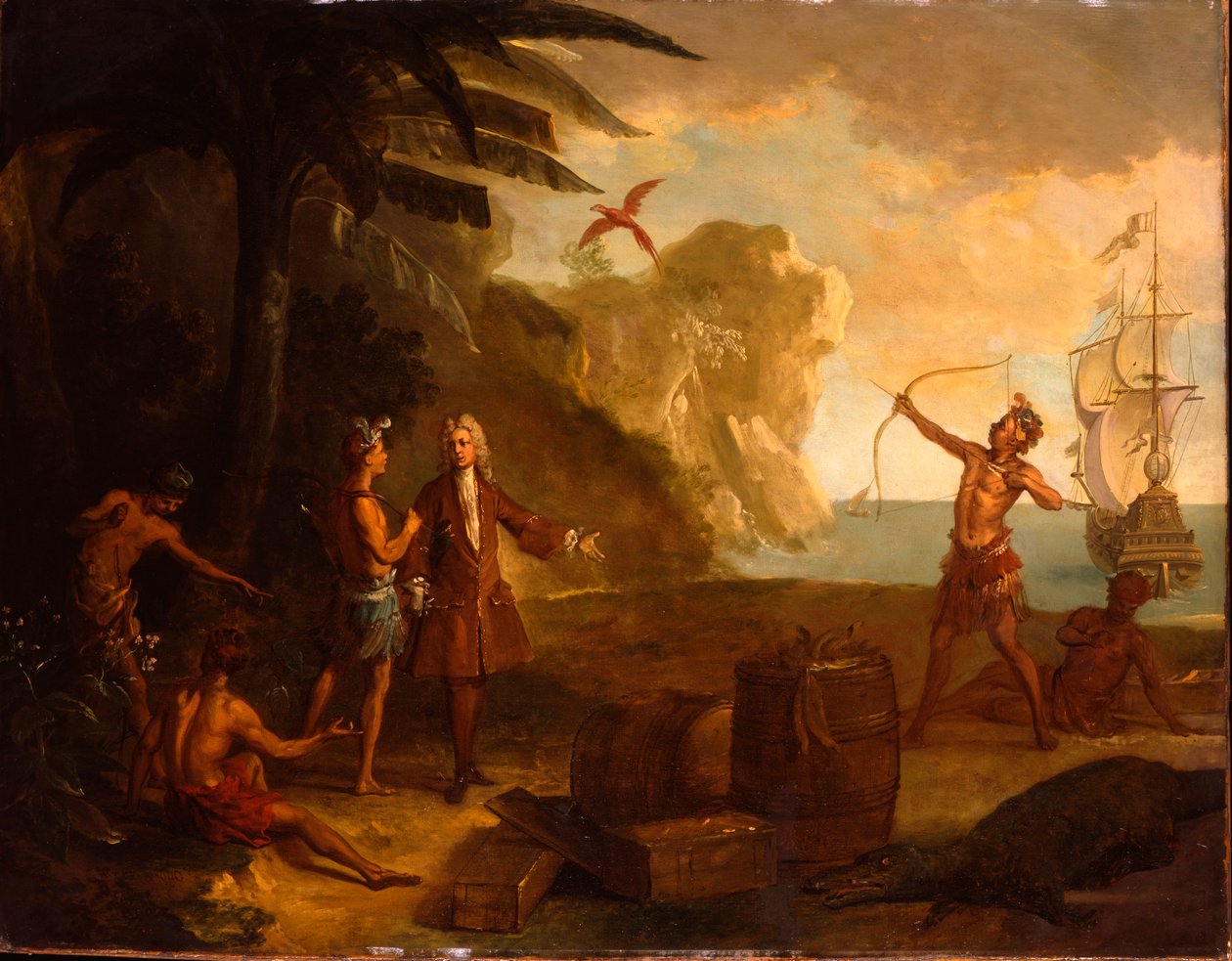 Amerika - En europeisk kjøpmann som forhandler med indianere om en tønne tobakk og andre varer, 1724 av Jean Baptiste Oudry