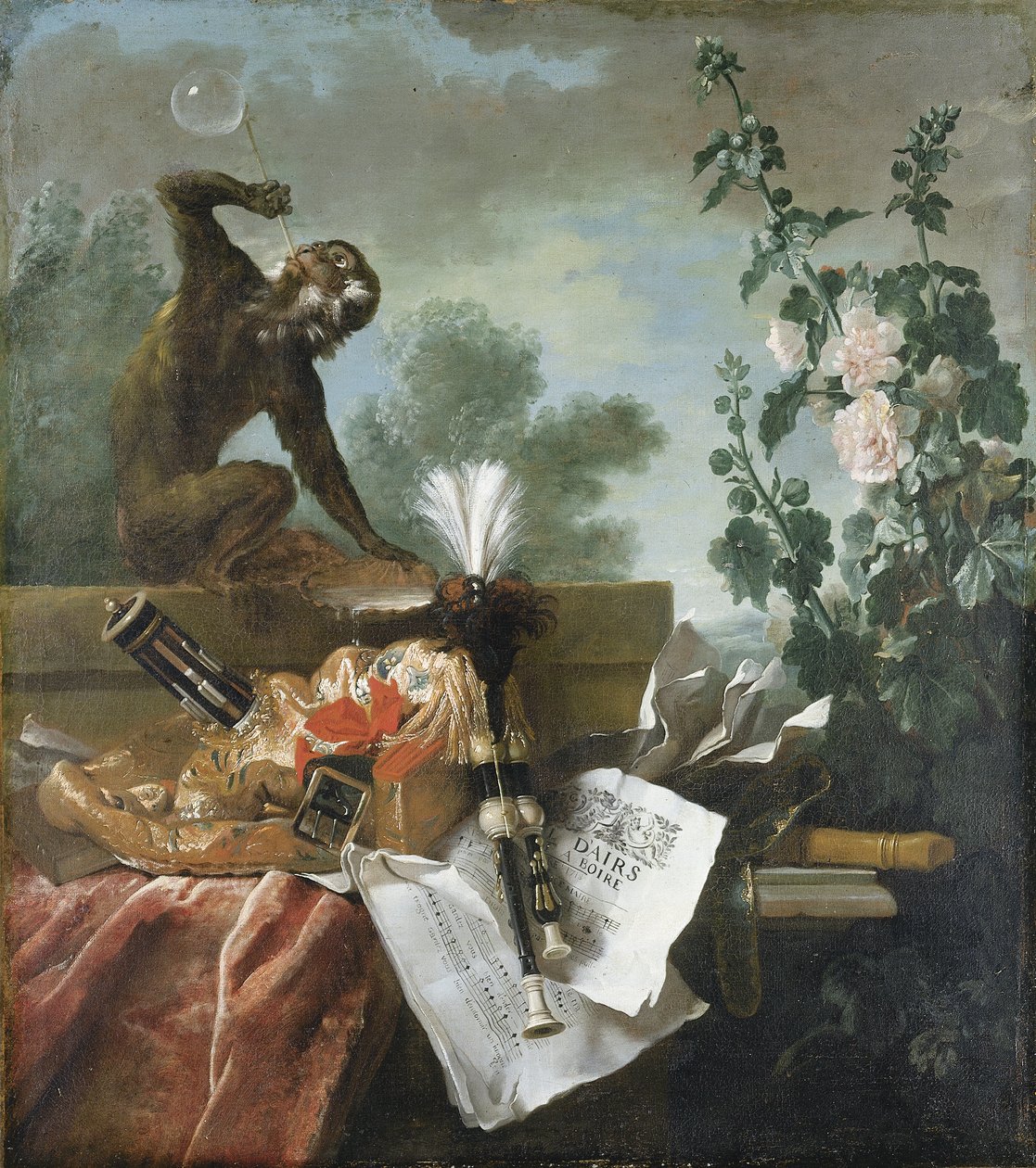 An Allegory of Air: et musikalsk stilleben med en ape som blåser bobler, en musette, en fløyte og partiturer av Jean Baptiste Oudry