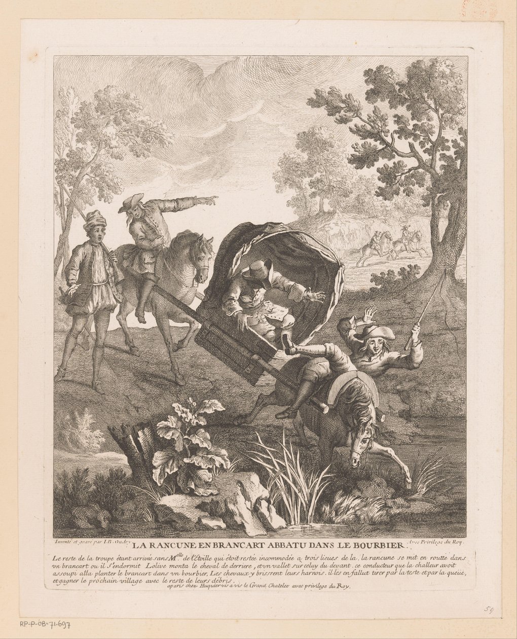 Bærer med hester faller i vannet La Rancune en brancart abbatu dans le bourbier (tittel på objekt) Scener fra Scarrons Roman Comique (serietittel) av Jean Baptiste Oudry