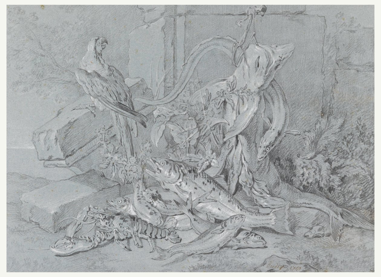Tegning, stilleben med fisk og papegøye, 1740 av Jean-Baptiste Oudry