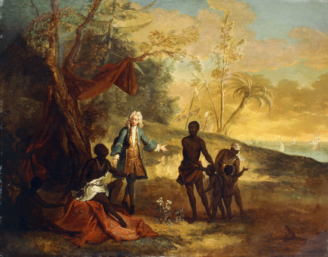 Fra de fire verdensdeler - Afrika: En europeisk kjøpmann byttehandel med en svart høvding, 1724 av Jean Baptiste Oudry