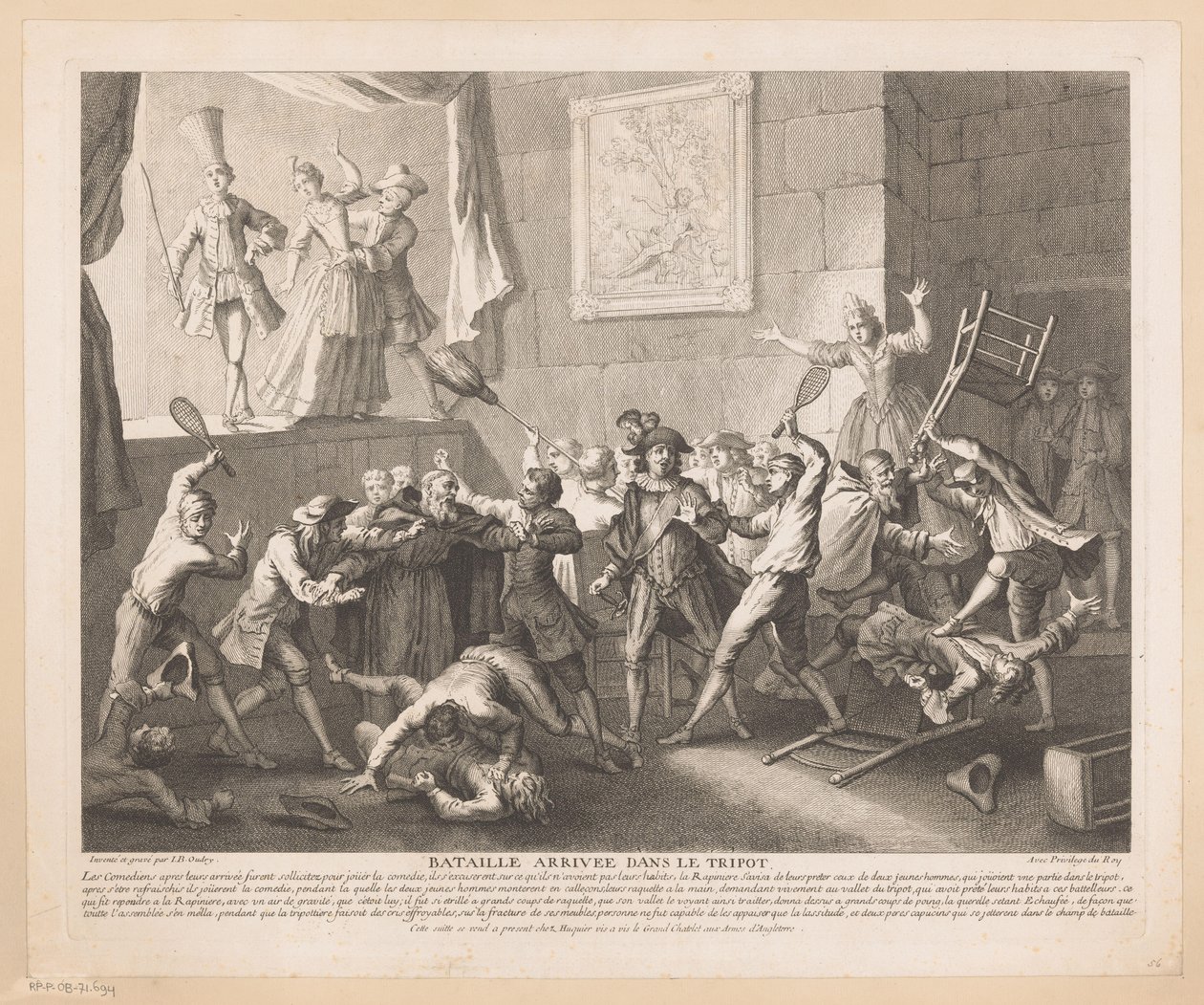 Slåss i et teater Bataille arrivée dans le tripot (tittel på objekt) Scener fra Scarrons Roman Comique (serietittel) av Jean Baptiste Oudry