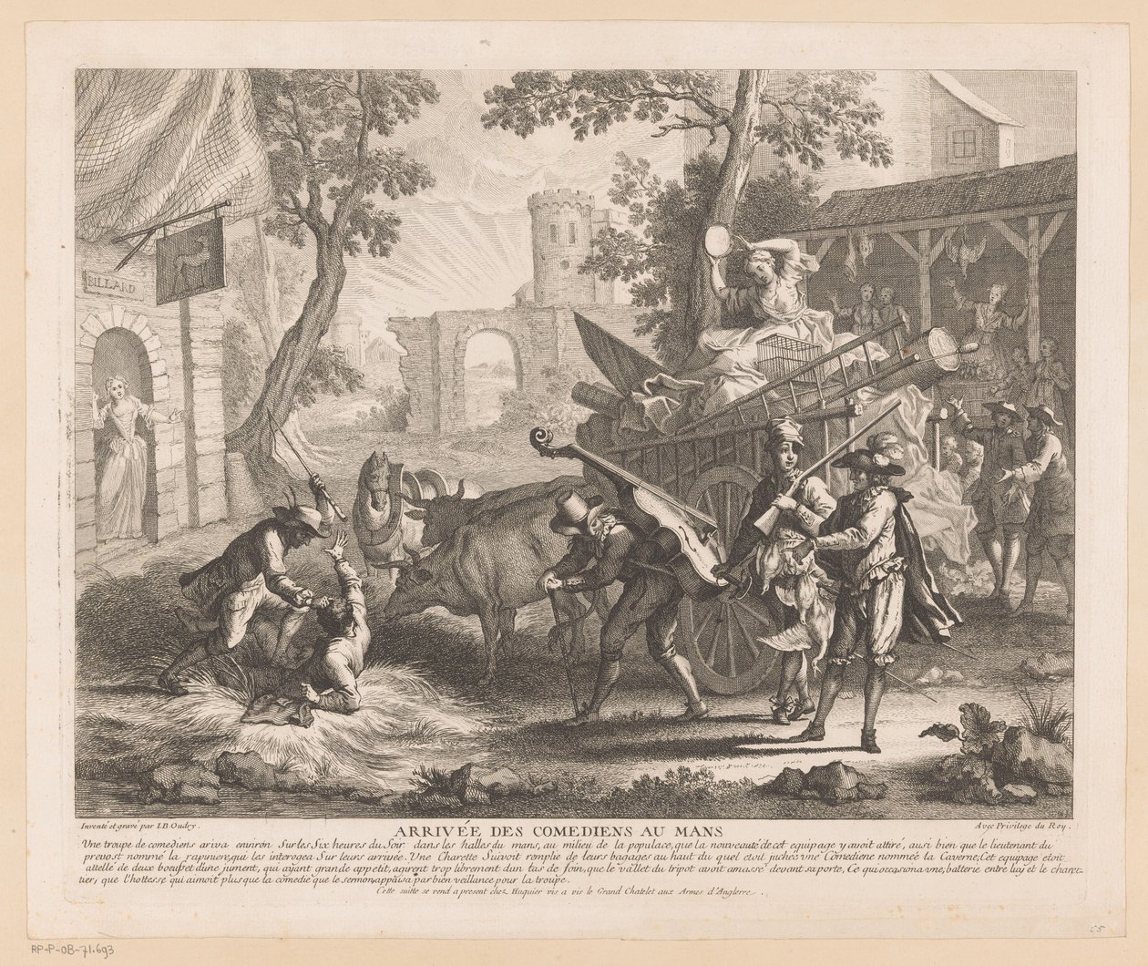 Selskapet ankommer et vertshus Arrivée des comediens au Mans (tittel på objekt) Scener fra Scarrons Roman Comique (serietittel) av Jean Baptiste Oudry