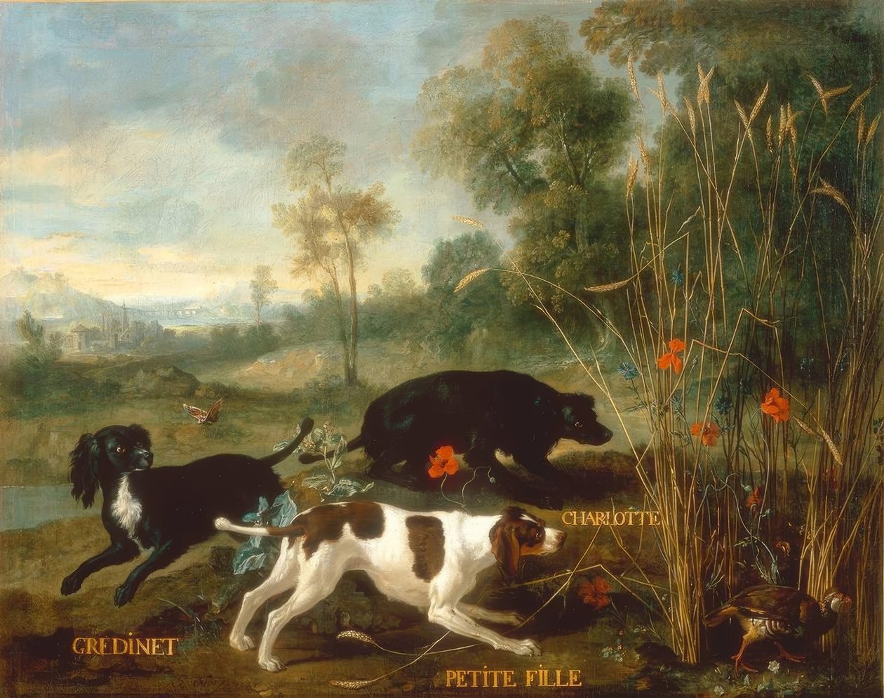 Gredinet, Little Girl og Charlotte, tre av Lous spaniels av Jean Baptiste Oudry