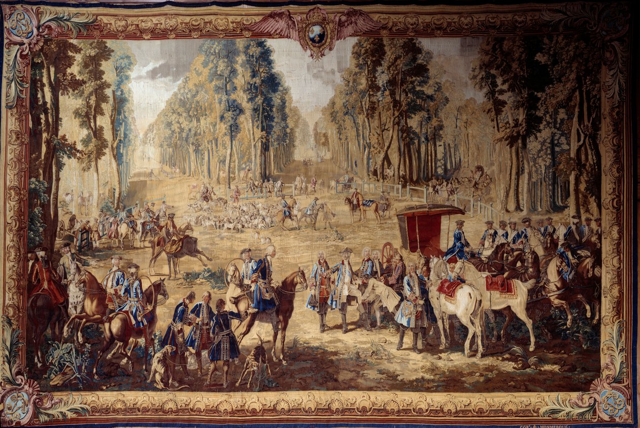 Hengende som viser jaktene til Ludvig XVI: møtet ved veikrysset til kongens brønn i Compiegne-skogen. Tapet av Jean Baptiste Oudry (1686-1755) 1737 Søn. 4,3x6,55 m Compiegne, musee national du chateau av Jean Baptiste Oudry
