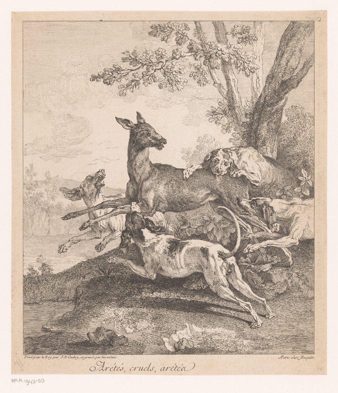 Hjort angrepet av jakthunder Arrêtés, grusomme, arrêtez (...) (tittel på objekt) Jaktscener (serietittel) av Jean Baptiste Oudry