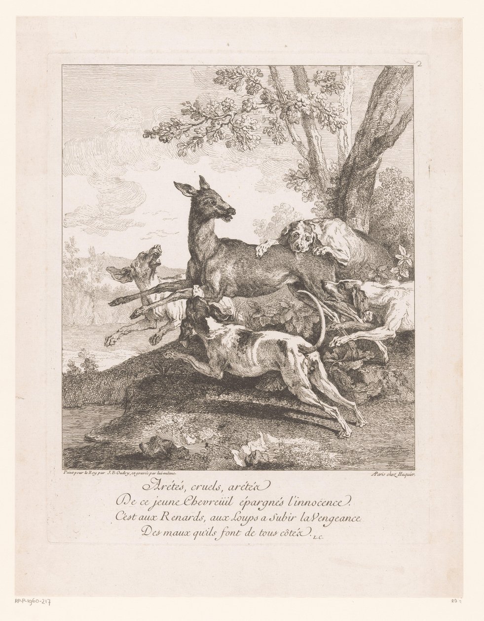 Hjort angrepet av jakthunder Arrêtés, grusomme, arrêtez (...) (tittel på objekt) Jaktscener (serietittel) av Jean Baptiste Oudry