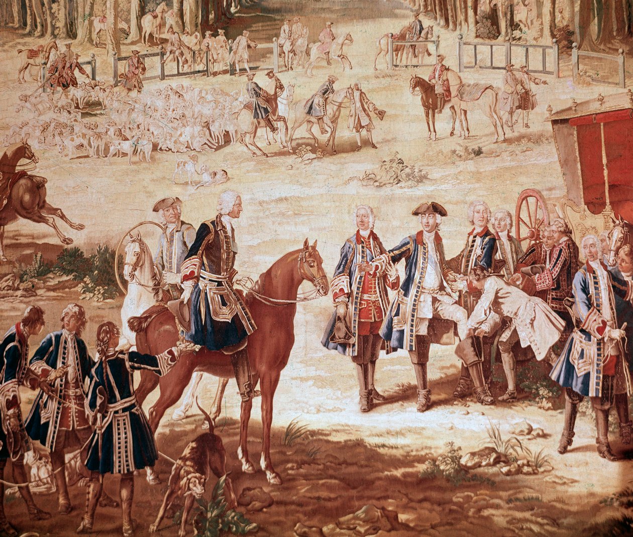 Jakten på Ludvig XV Kong Ludvig XV jakter i skogen i Compiegne (Jakten på Ludvig XV - Tapestry) starten på pakken Detalj - Tapestry av Jean Baptiste Oudry (1686-1755) av Jean Baptiste Oudry