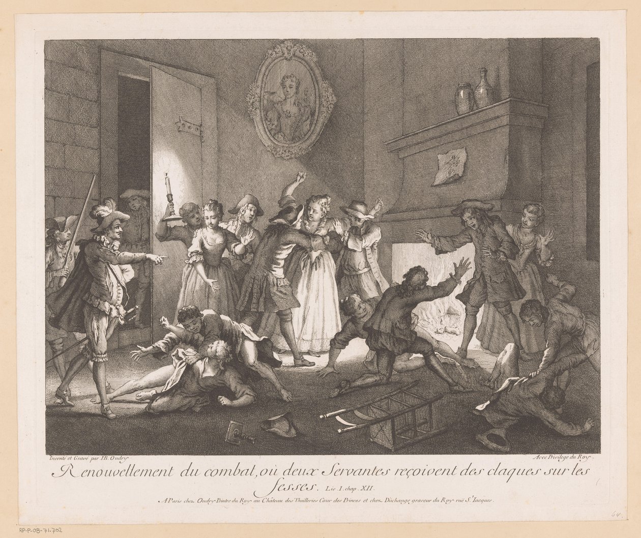 Interiør med gruppe vechtende mensen Fornyelse av kampen der to tjenere får smell på baken (tittel på objekt) Scener fra Roman Comique van Scarron (serietittel) av Jean Baptiste Oudry