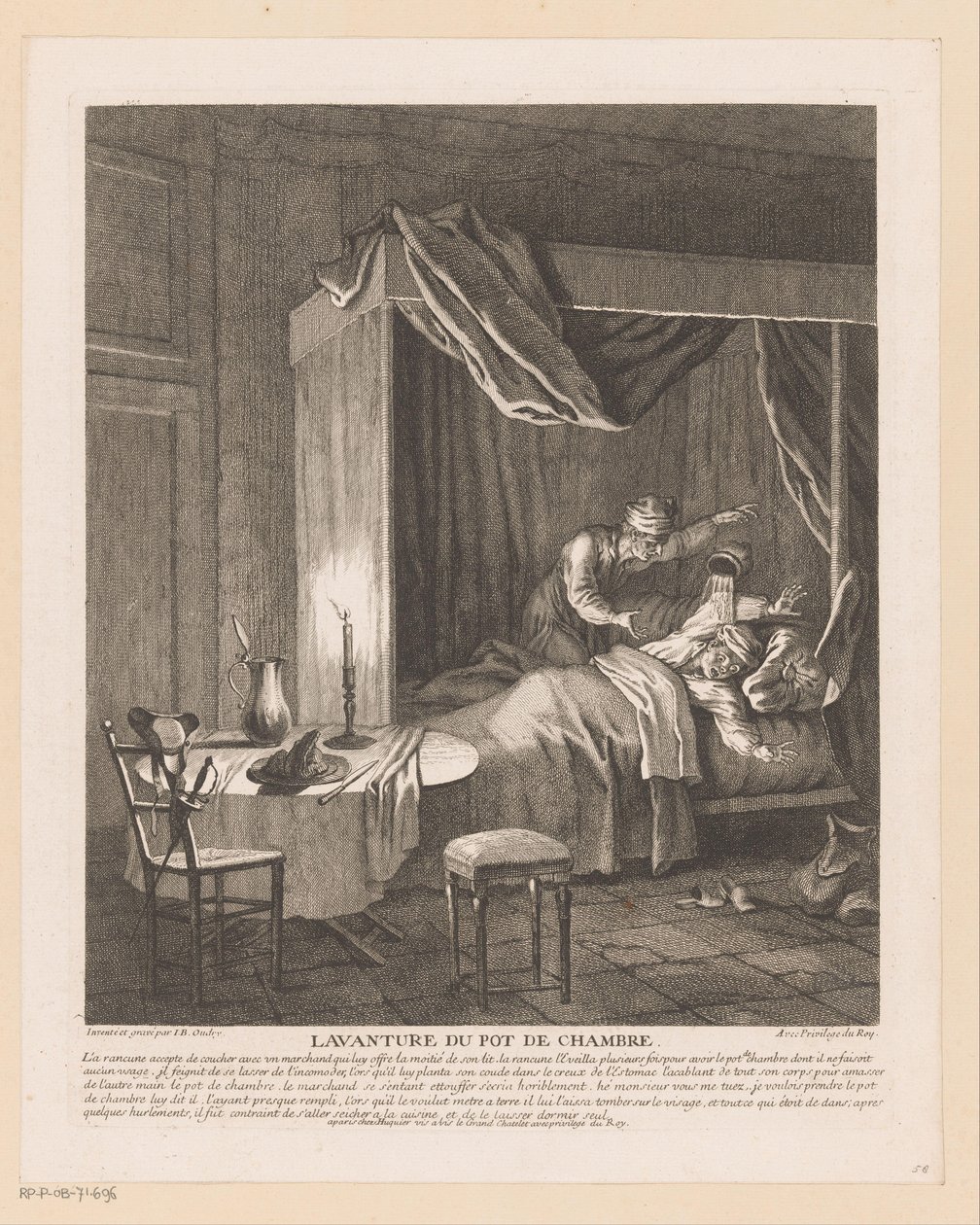 Mannen blir skremt våken av at kammerpotten blir tømt over ham Lavanture du pot de chambre (tittel på objekt) Scener fra Scarrons Roman Comique (serietittel) av Jean Baptiste Oudry