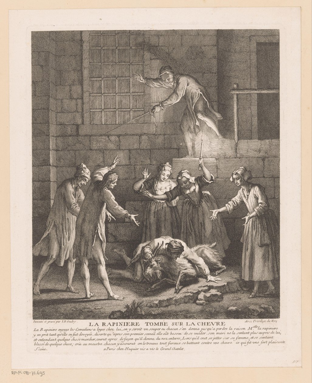 Man valt bovenop een geit La Rapinière faller på bukken (tittel på objekt) Scener fra Roman Comique van Scarron (serietittel) av Jean Baptiste Oudry