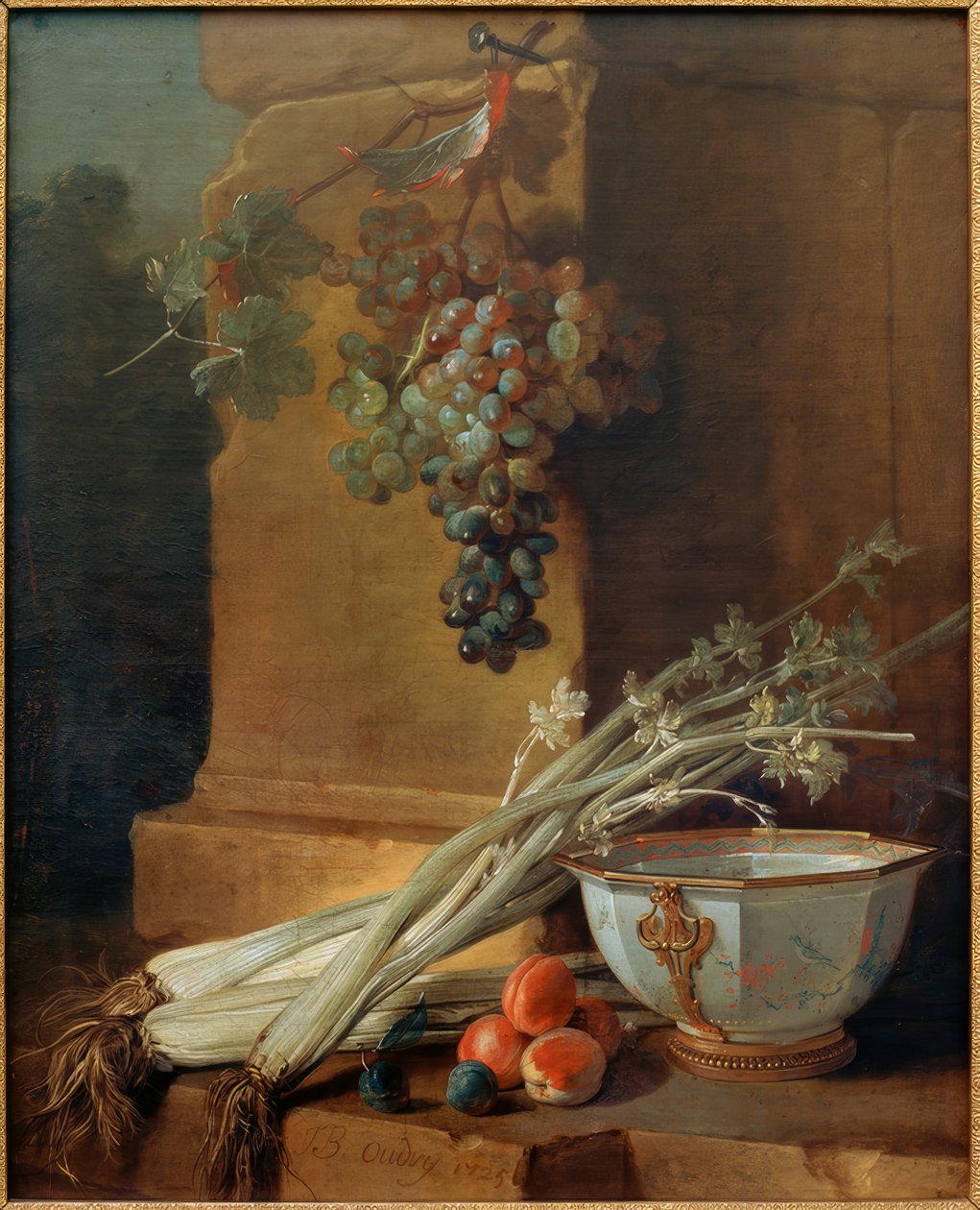 Stilleben med frukt, selleri og en kopp por av Jean Baptiste Oudry