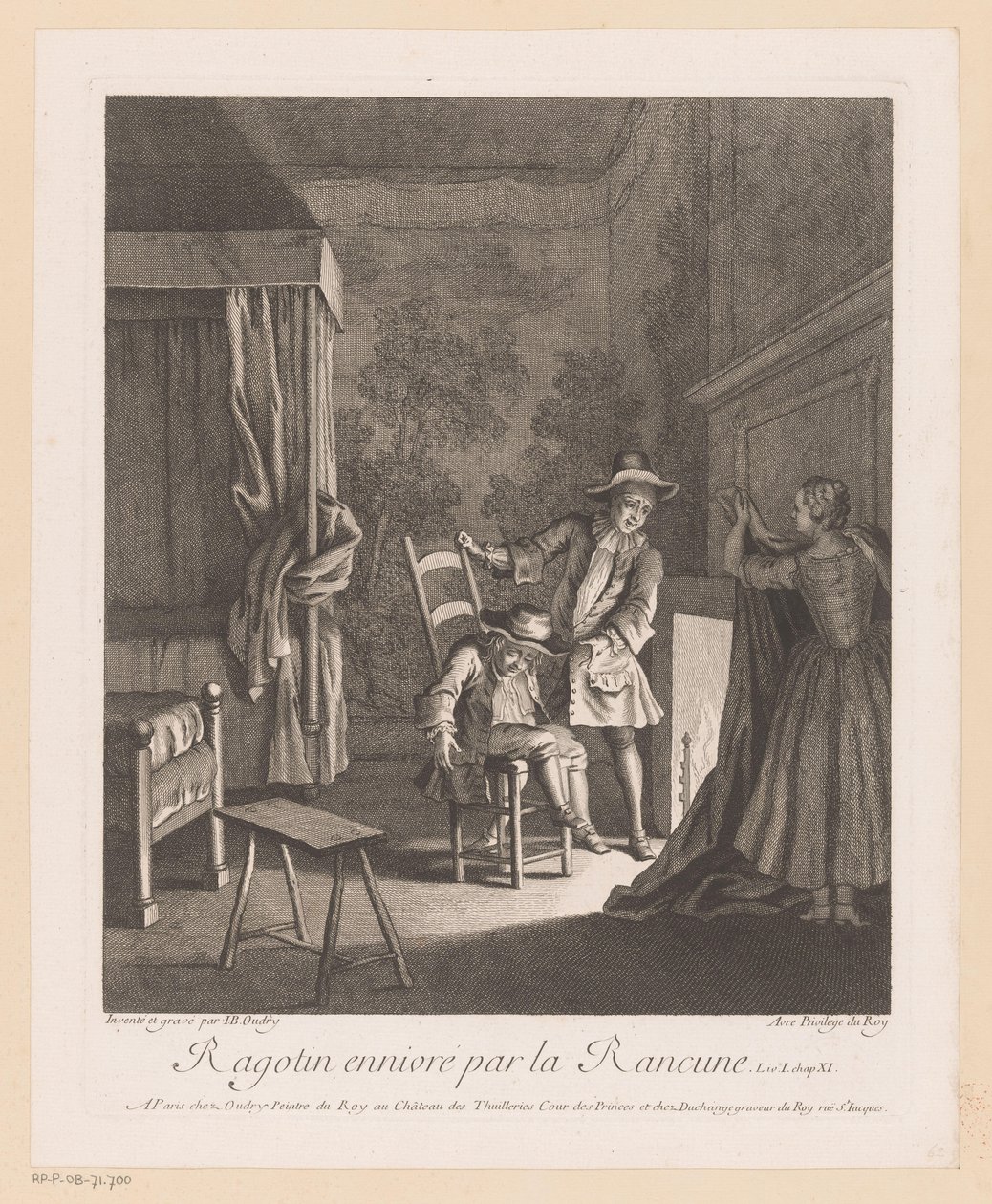 Ragotin full på en stol ved bålet Ragotin ennivré par la rancune (tittel på objekt) Scener fra Scarrons Roman Comique (serietittel) av Jean Baptiste Oudry