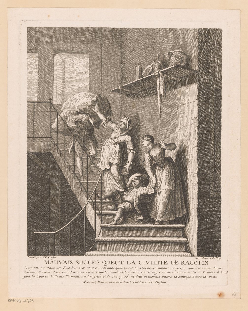 Ragotin møtte twee damer på en felle Dårlig suksess som Ragotins høflighet hadde (tittel på objekt) Scener fra Roman Comique van Scarron (serietittel) av Jean Baptiste Oudry