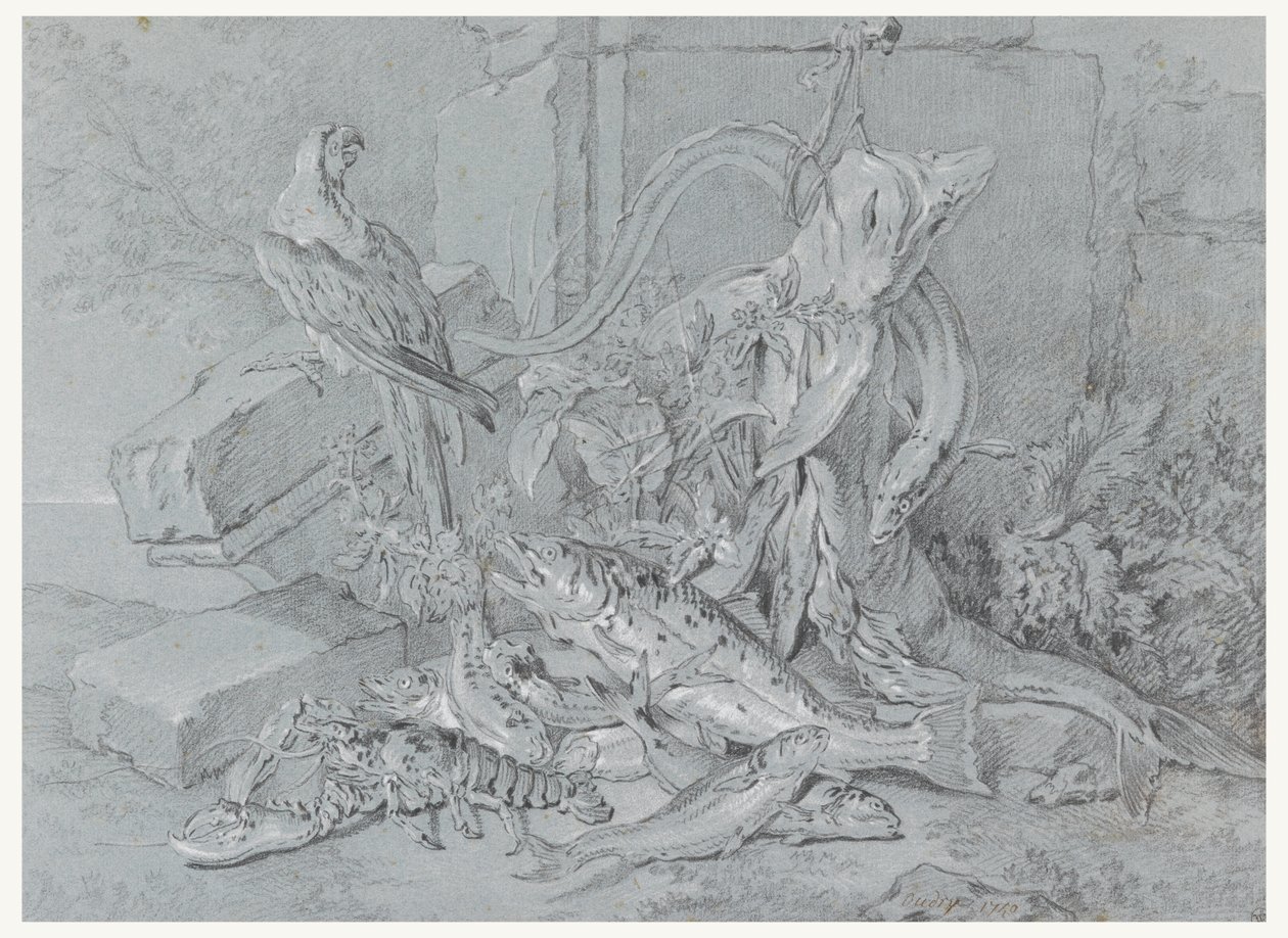 Stilleben med fisk og papegøye av Jean Baptiste Oudry