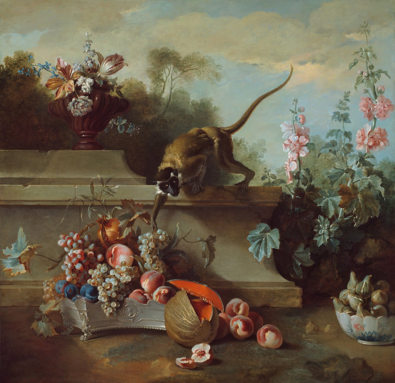 Stilleben med ape, frukt og blomster, 1724. av Jean Baptiste Oudry
