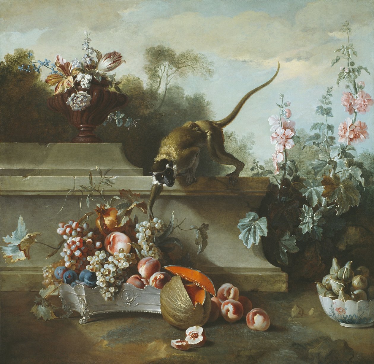 Stilleben med ape, frukt og blomster, 1724 av Jean Baptiste Oudry
