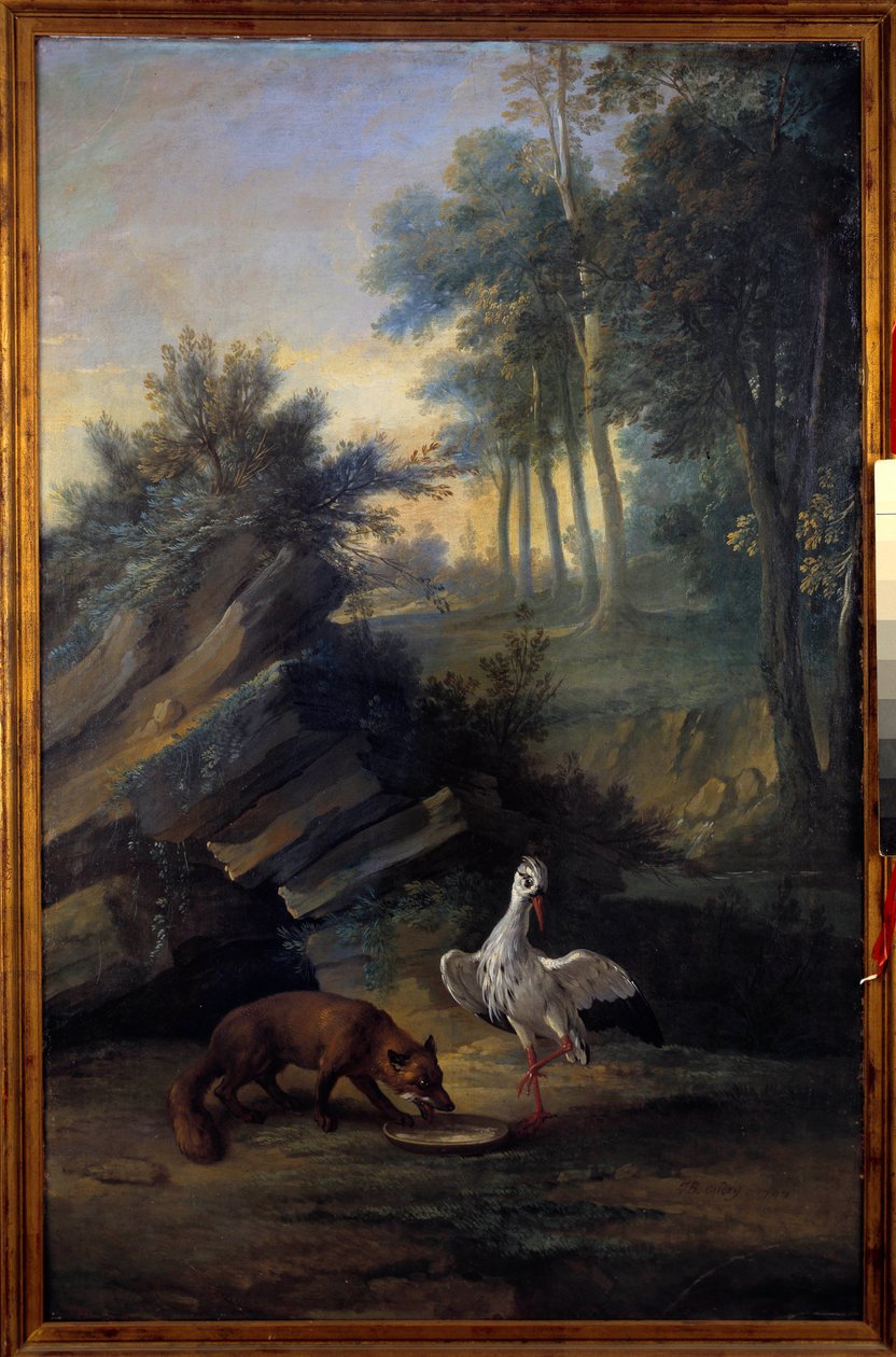 Reven og storken. Illustrasjon av en fabel av Jean de La Fontaine (1621-1695). Maleri av Jean Baptiste Oudry (1686-1755) av Jean Baptiste Oudry