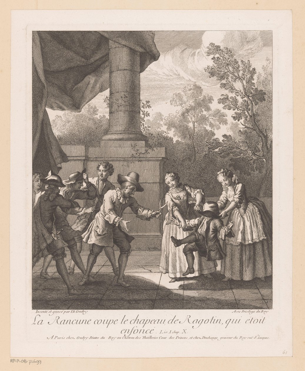 Wrok knipt av hoed van Ragotin La Rancune kutter av Ragotins hatt (tittel på objekt) Scener fra Roman Comique van Scarron (serietittel) av Jean Baptiste Oudry