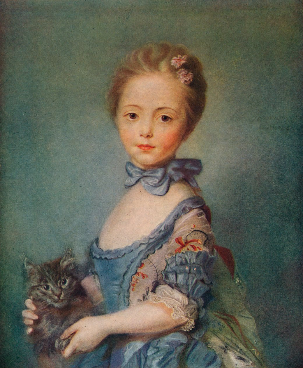 En jente med kattunge, c1743 av Jean Baptiste Perronneau