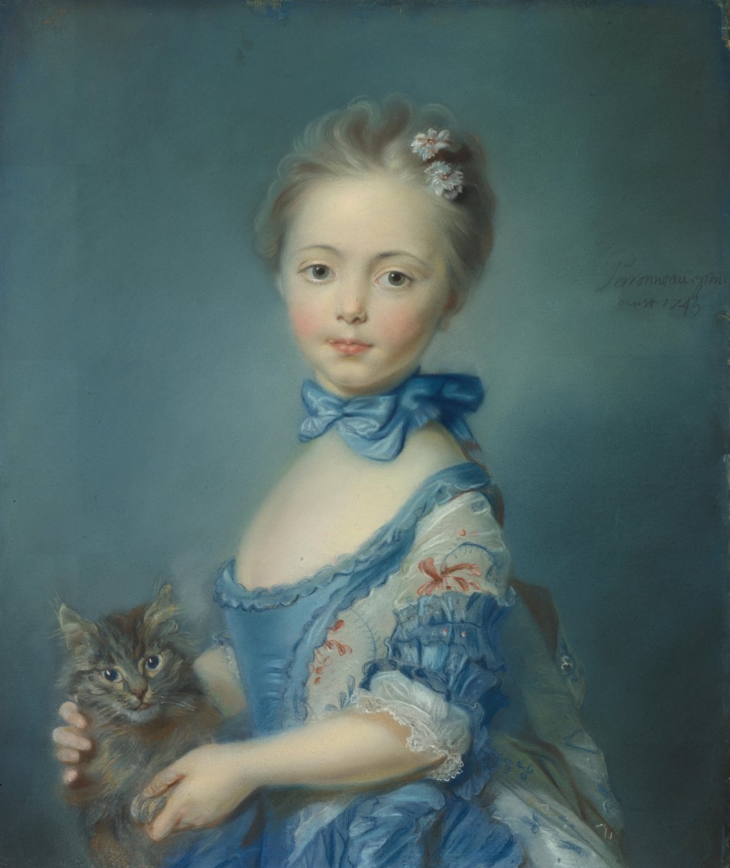 En jente med en kattunge, 1745 av Jean Baptiste Perronneau